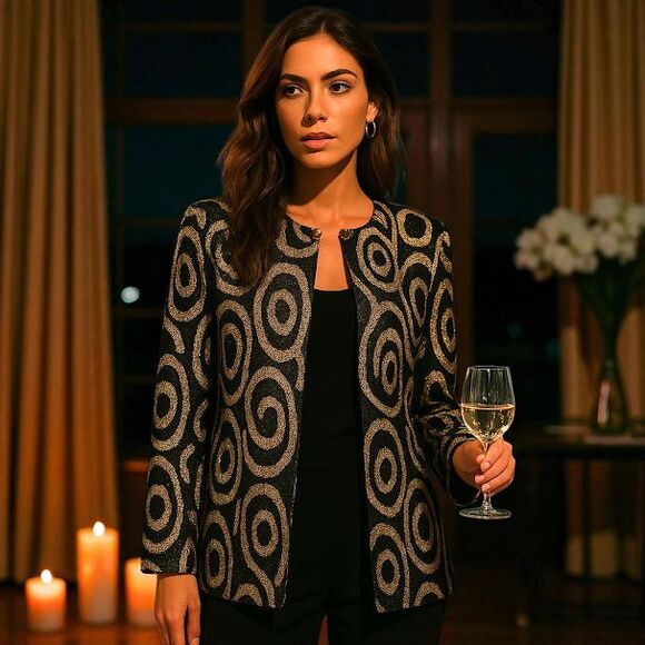 Charleston Rags Y2K Gold Swirl Metallic Jacket Sz 12 | Made USA | Holiday Glam - Picture 1 of 8